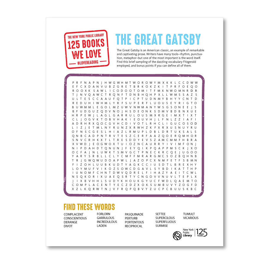 printable word search the great gatsby the new york public library shop