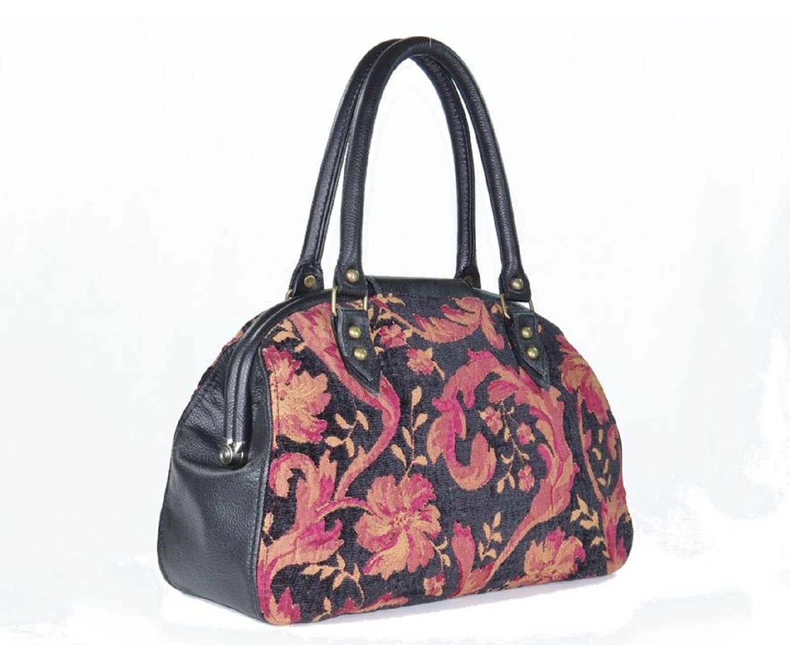 Black Leather and Tapestry Mary Poppins Doctor Bag - BeautifulBagsEtc