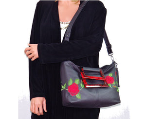 Rambling Rose Embroidered Black Leather Tote - BeautifulBagsEtc
