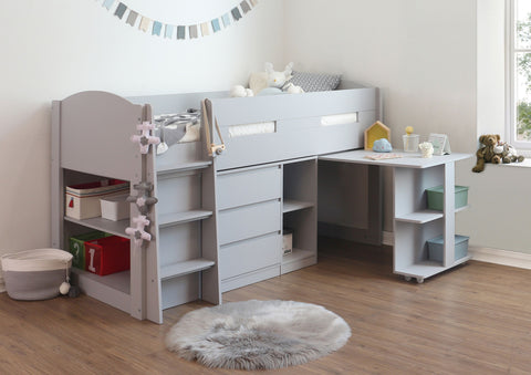 white cabin bed with desk