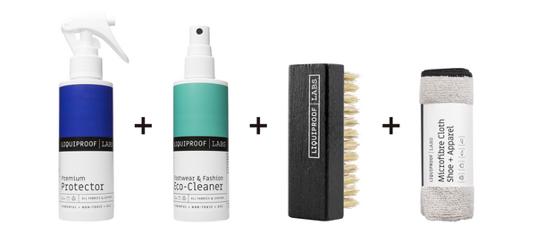 shoe protector spray, eco cleaner spray for clothes, soft bristle brush for suede, microfibre cleaning cloth