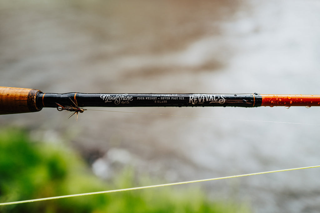 This image, from Moonshine Rods, shows a closeup of their all-new Revival S-Glass fly rod.