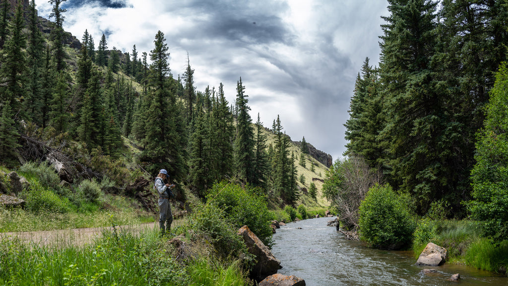 In this image, from Moonshine Rods, an angler selects a fly while standing by a river.