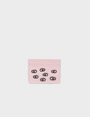 Filium Parfait Pink Leather Cardholder - All Over Eyes Embroidery - Min & Mon