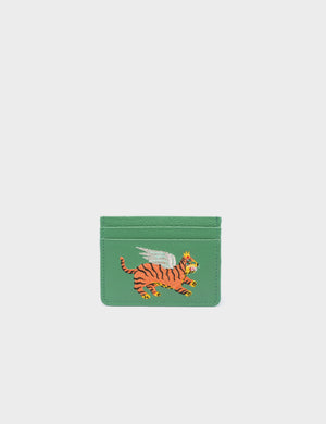 Filium Basil Green Leather Cardholder - Winged Tiger Embroidery - Min & Mon