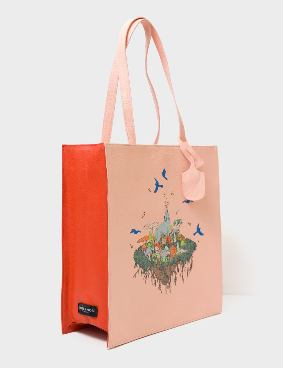 Marko Rosa Quartz Leather Tote Bag - Woodlands Print