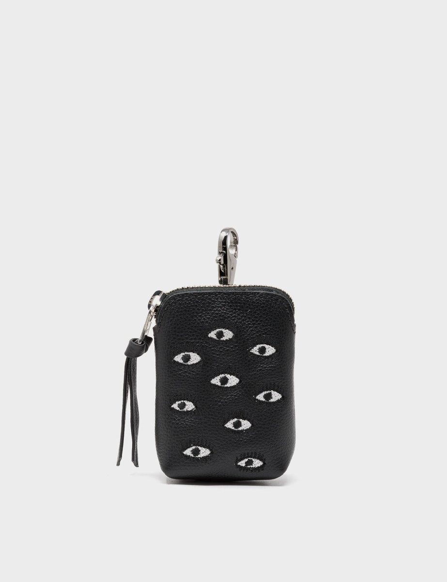 Florence Pouch Charm - Black Leather Keychain Eyes Embroidery – Min & Mon