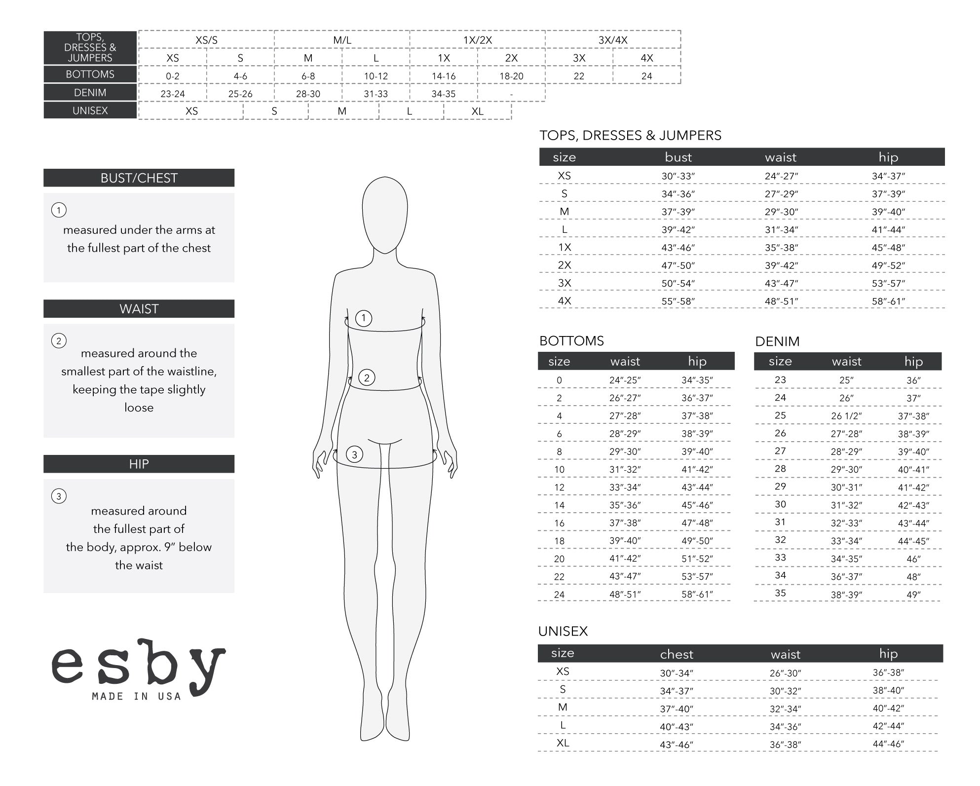 GENERAL SIZE CHARTS – esby apparel