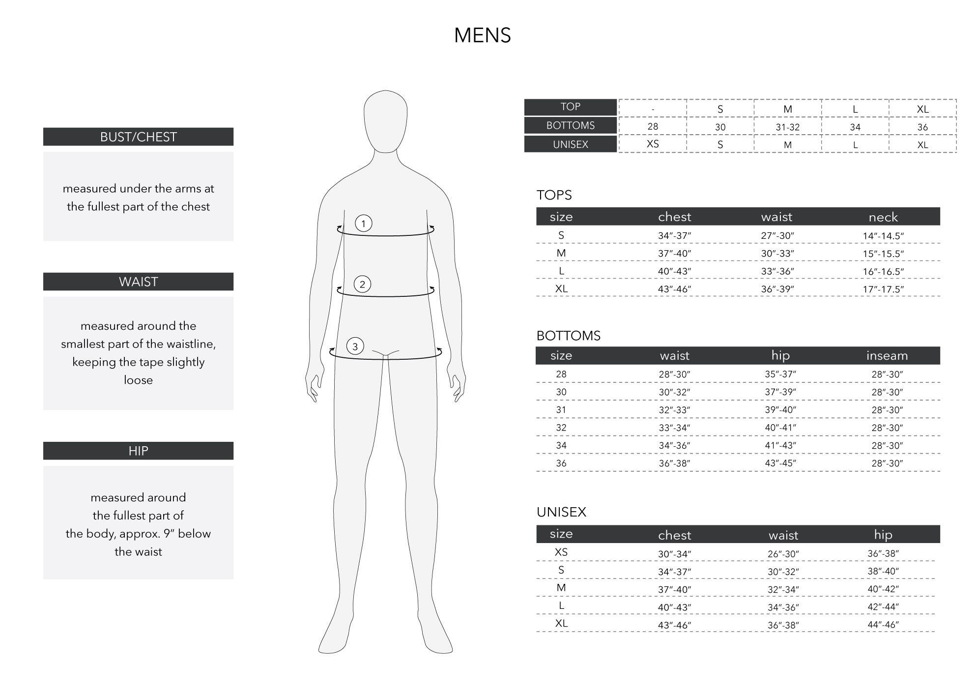 GENERAL SIZE CHARTS – esby apparel