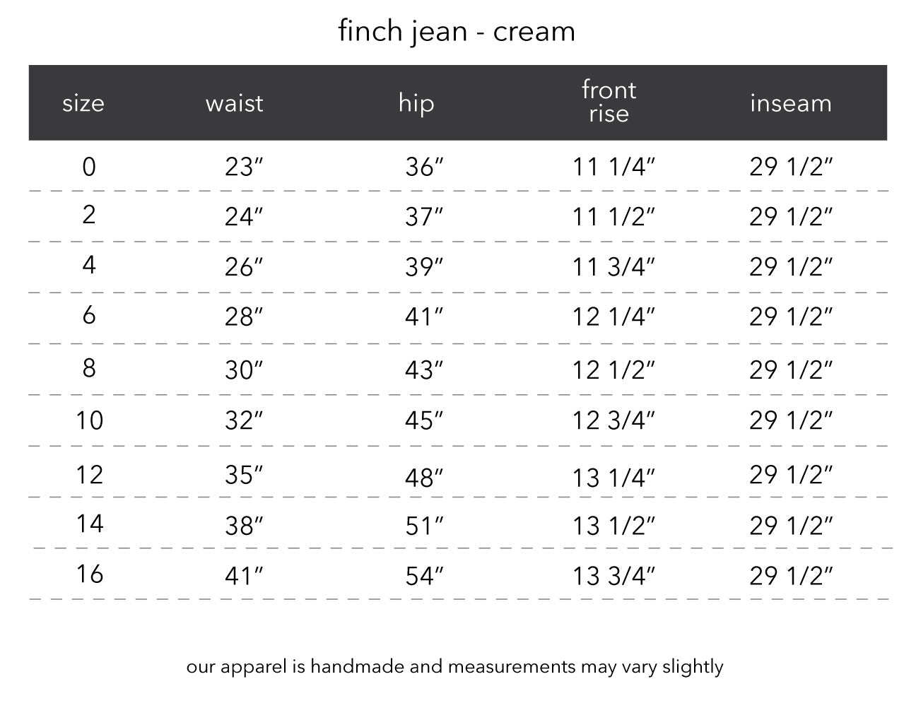 FINCH JEAN - CREAM PRODUCT MEASUREMENTS – esby apparel