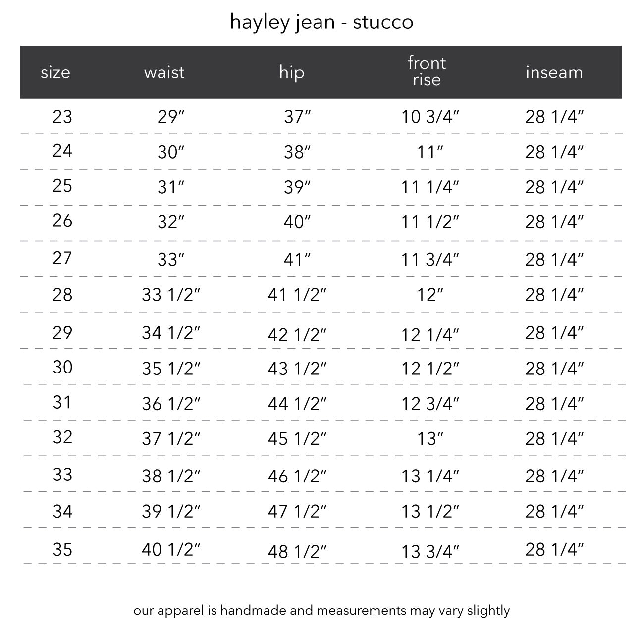 HAYLEY JEAN - STUCCO PRODUCT MEASUREMENTS – esby apparel