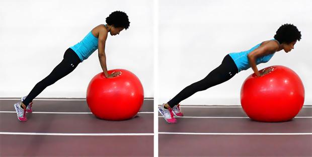 Stability ball pushups with hands on the ball and feet on the floor