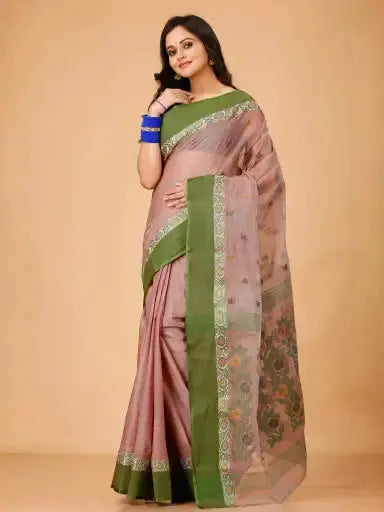 Brandy Rose - Pure Cotton Bengal Handloom Traditional Saree With Contrasting Border