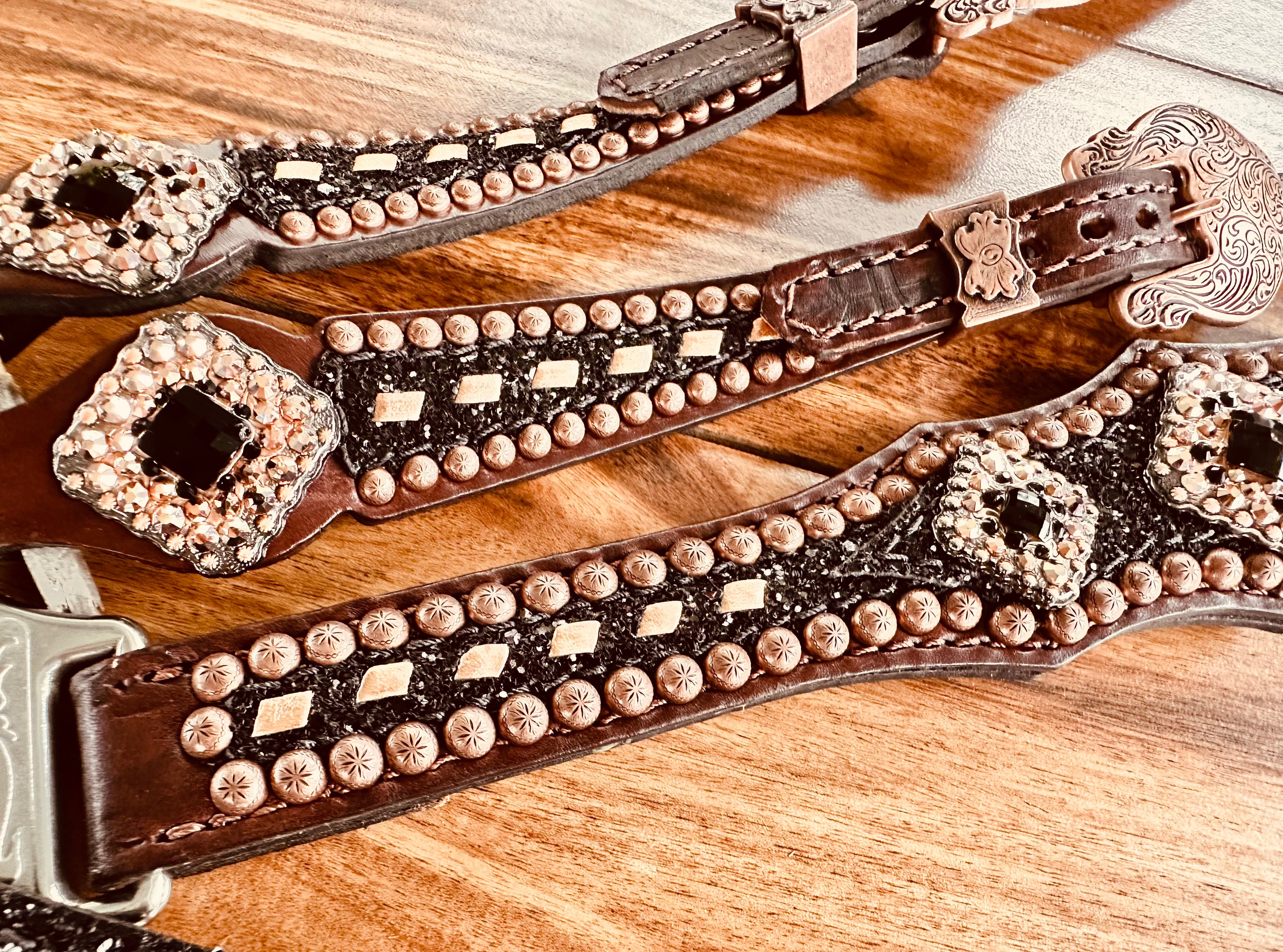 Chunky black glitter w/ rose gold buckstitch