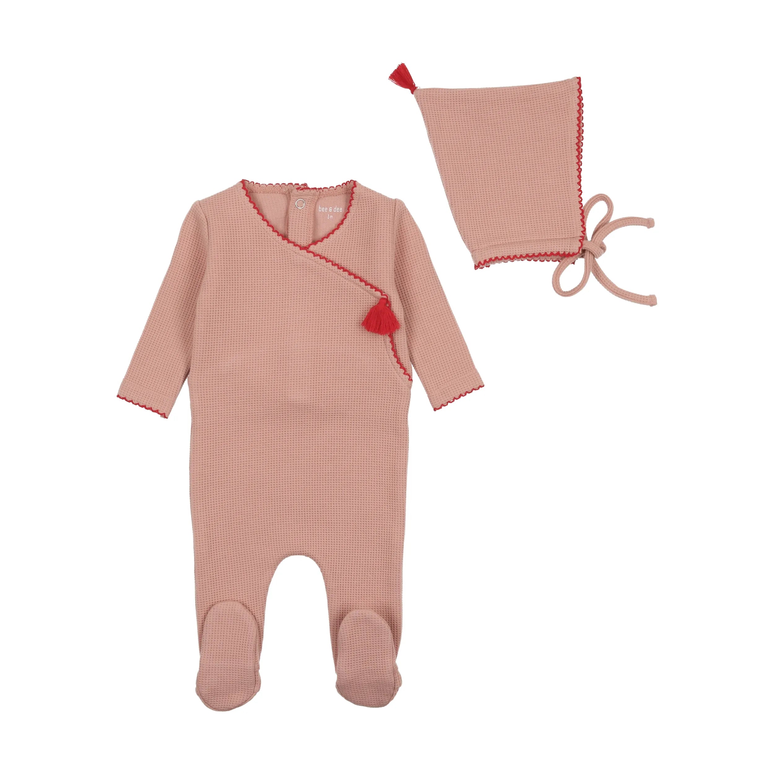 Bee & Dee Creme Pink Waffle Wrap Footie + Bonnet