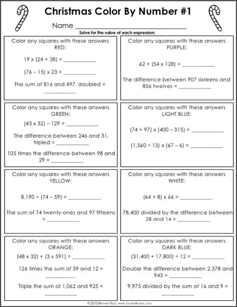 Christmas Math ColorbyNumber 5th Grade Games 4 Gains