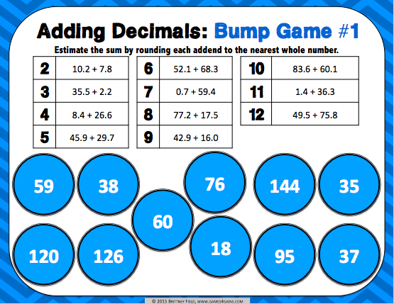 Adding Decimals Bump Games – Games 4 Gains