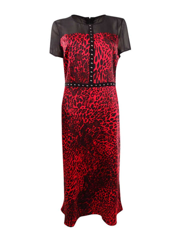 Bar III Women's Stud-Trim Illusion-Mix Dress (8, Red Cheetah)