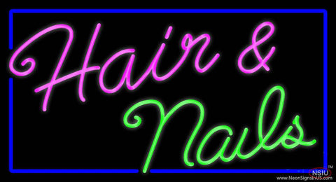 Cursive Hair And Nails With Blue Border Handmade Art Neon Sign