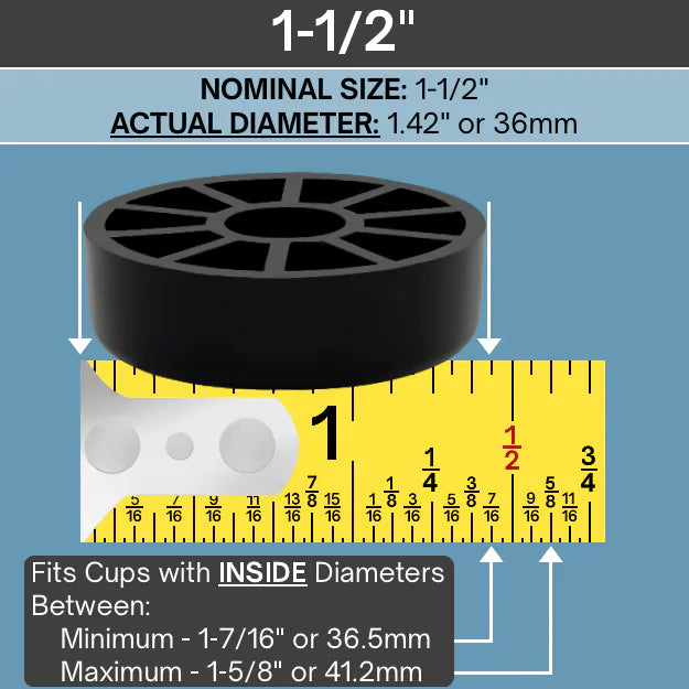 Ruler under a 1-1/2" Forever Glide showing the minimum and maximum cup size for fitment