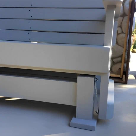 Replacement brackets installed on grey glider bench