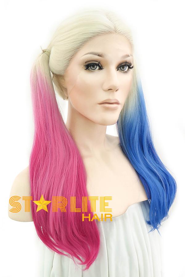 22 Blonde Harley Quinn Synthetic Magenta Blue Ponytail Lace Front