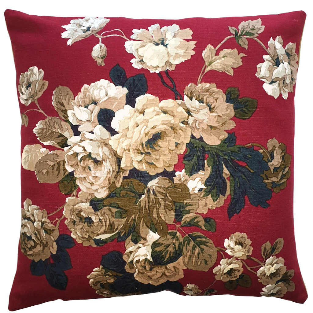 Vintage Floral Cushion Cover In Stunning Deep Red Sanderson Rose print