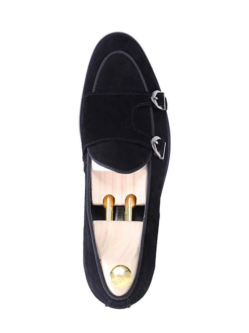 black suede double monk strap shoes