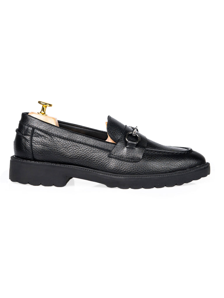 Penny Loafer Horsebit Buckle - Black Pebble Grain Leather (Combat Sole) - Zeve Shoes