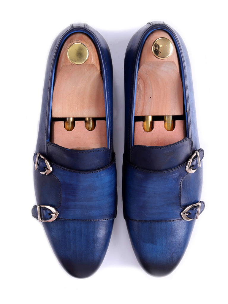 blue double monk strap shoes