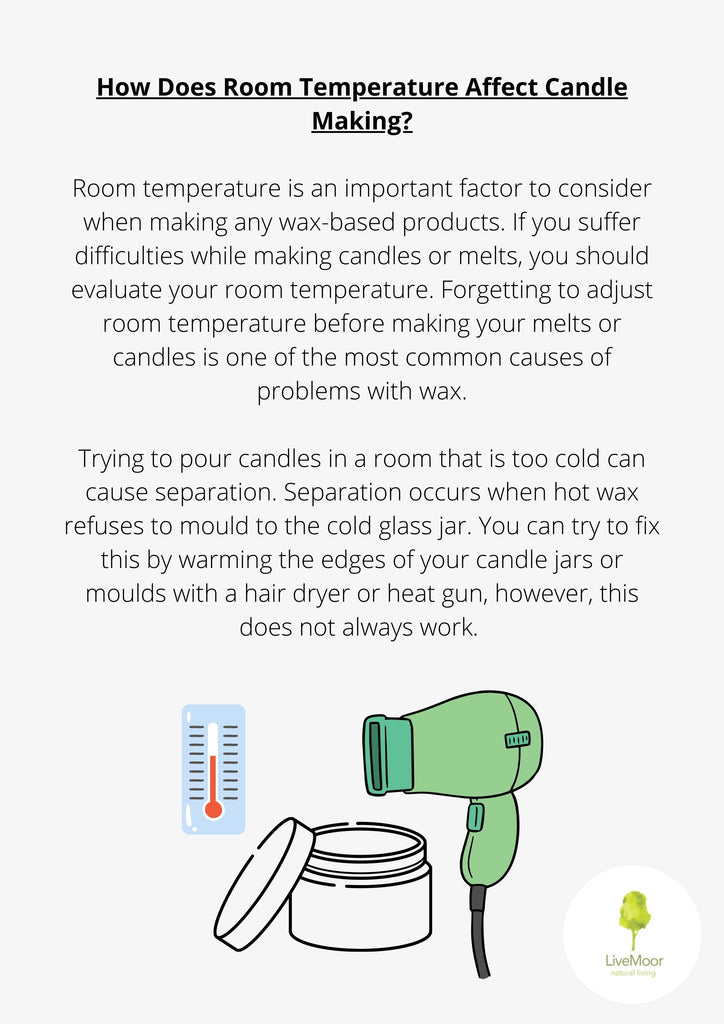 Room temperature is an important factor to consider when making any wax-based products. If you suffer difficulties while making candles or melts, you should evaluate your room temperature. Forgetting to adjust room temperature before making your melts or candles is one of the most common causes of problems with wax.
Trying to pour candles in a room that is too cold can cause separation. Separation occurs when hot wax refuses to mould to the cold glass jar. You can try to fix this by warming the edges of your candle jars or moulds with a hair dryer or heat gun, however, this does not always work.