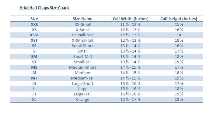 ariat half chaps sizing