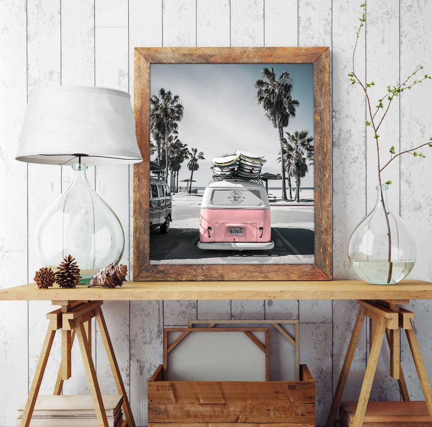 Pink Volkswagen Vw Bus Van with Palm Trees Photography Print, Coastal ...
