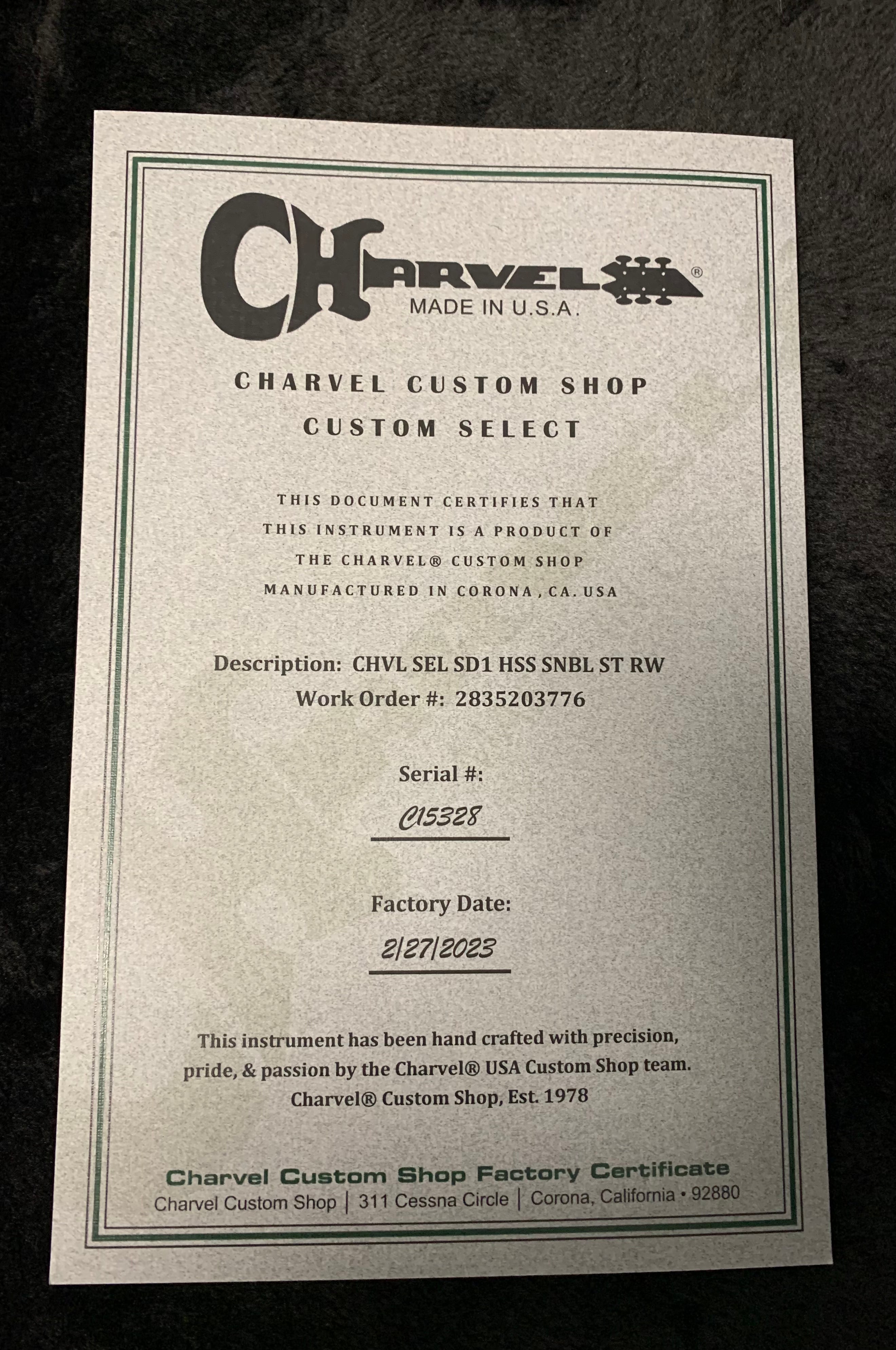 Charvel USA CUSTOM SHOP Select San Dimas SD1 HSS SNOW BLIND SATIN 2835203776 SERIAL NUMBER 15328 - 8.0 LBS