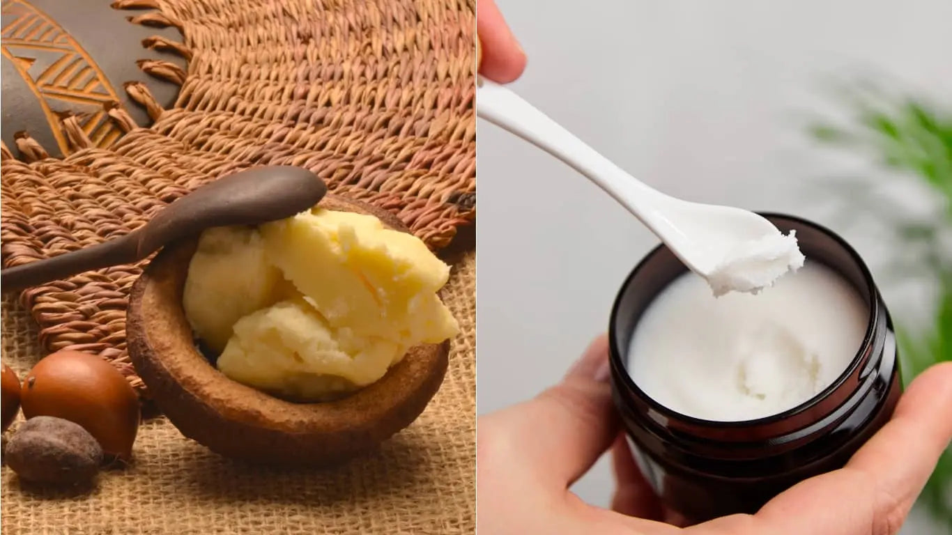 Comparaison de 2 images. D'un côté se trouve du beurre de karité non raffiné et de l'autre un beurre de karité raffiné