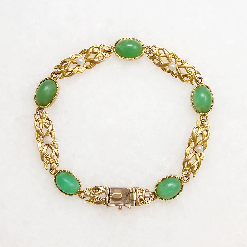 Vintage Italian Emerald & Diamond Bracelet 18K Yellow Gold