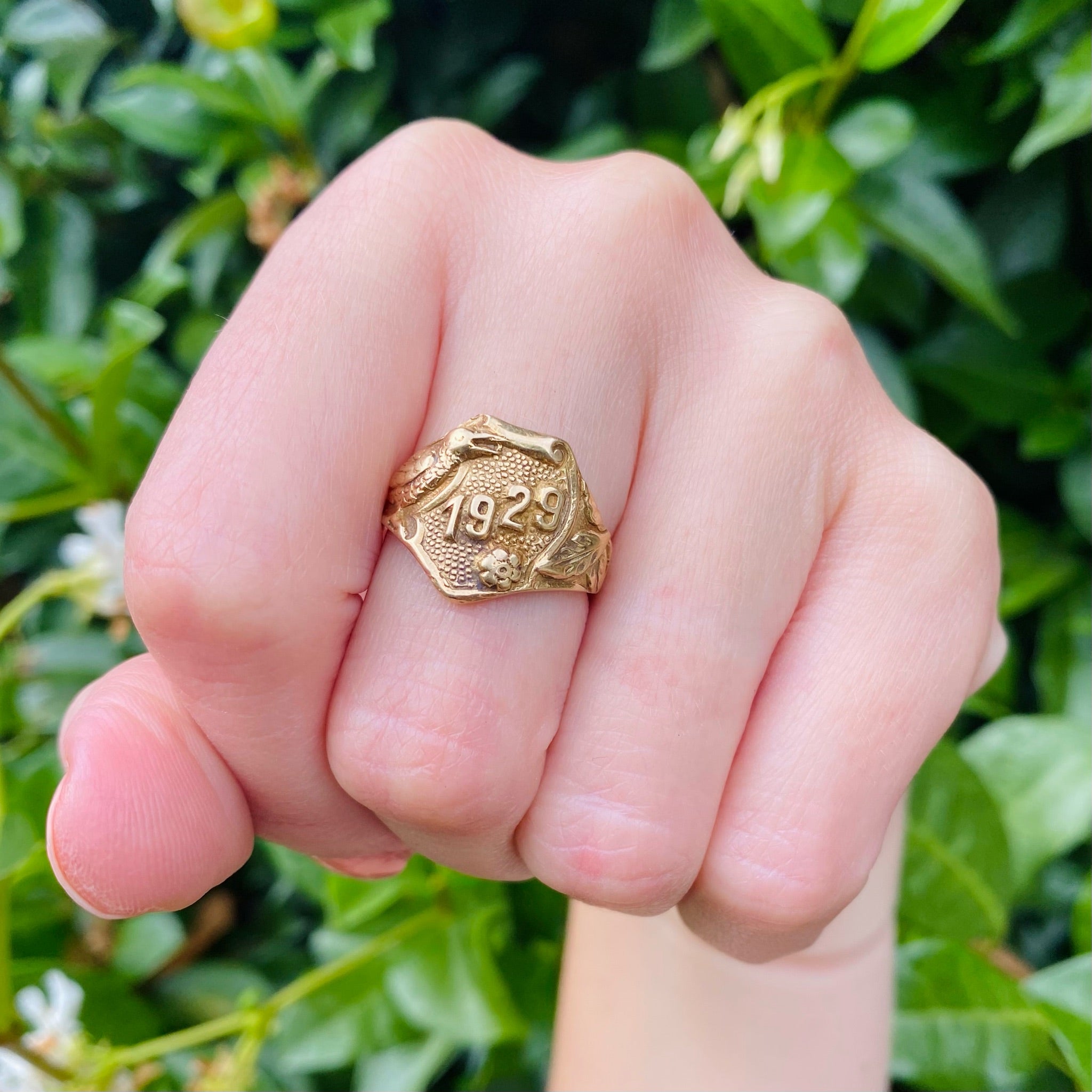 Whimsical "1929" Gold Signet Ring with Bird