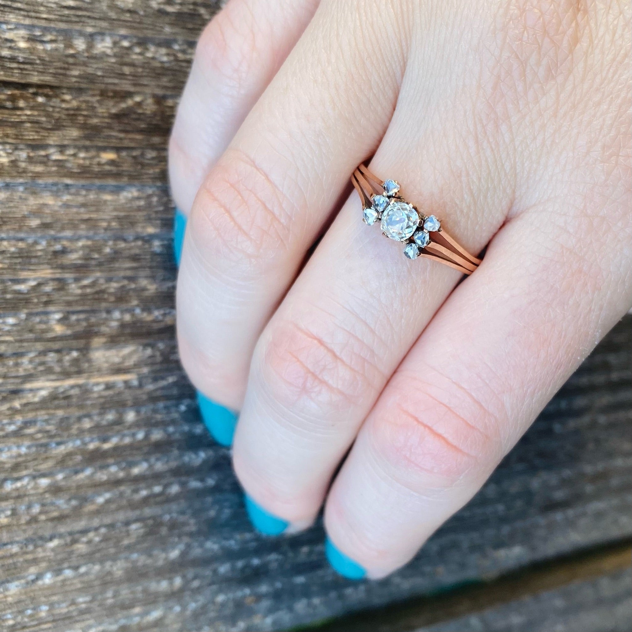 Antique Rosy Gold Ring with Old Mine & Rose Cut Diamonds