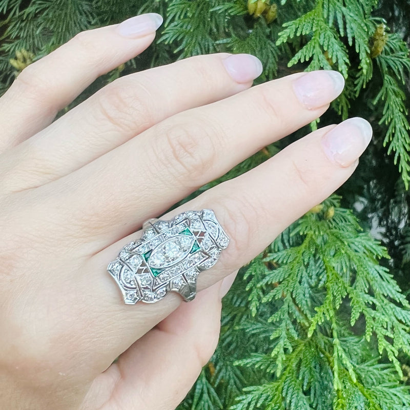 Delicious Edwardian Diamond & Emerald Dinner Ring