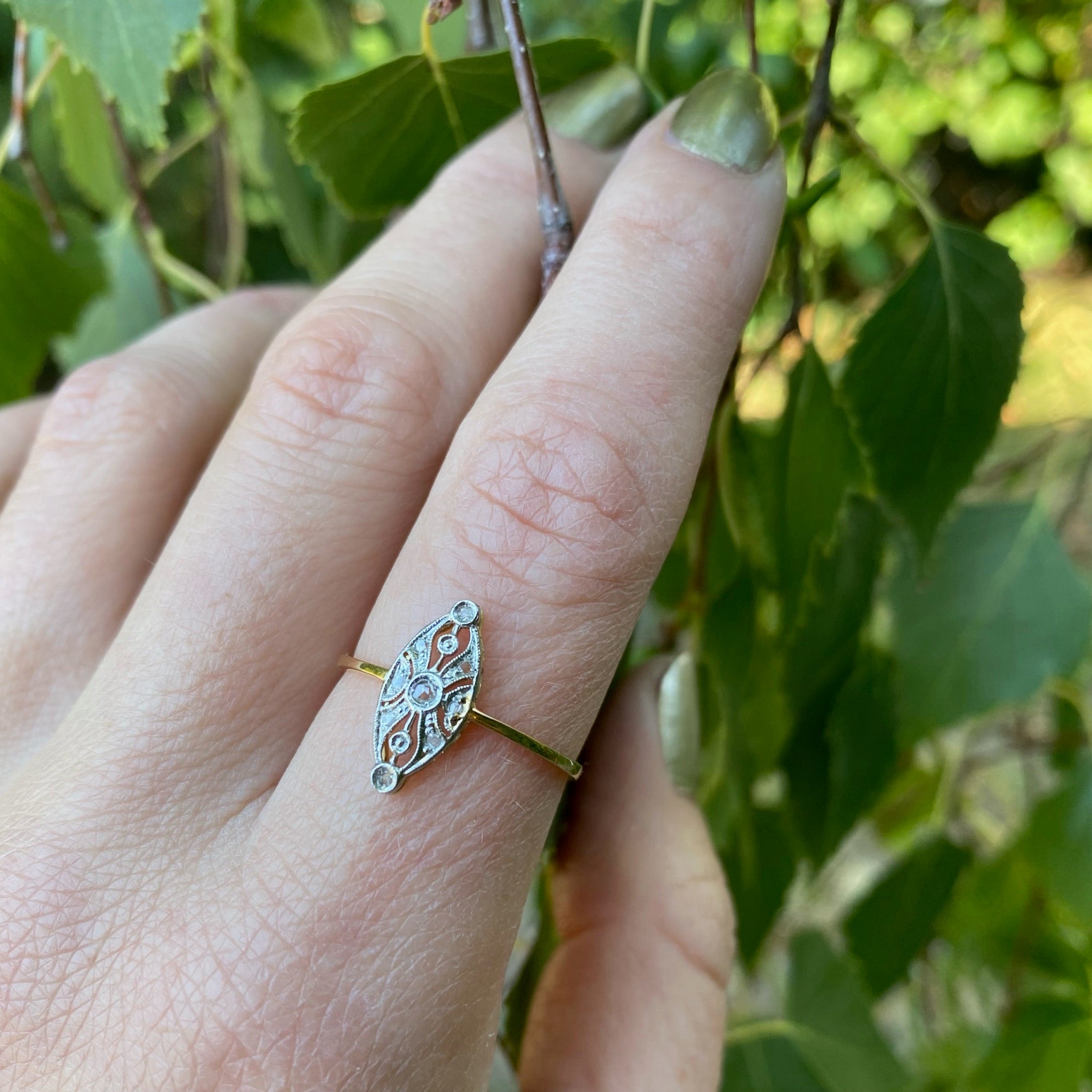 Rose Cut Diamond Spangled Navette Ring