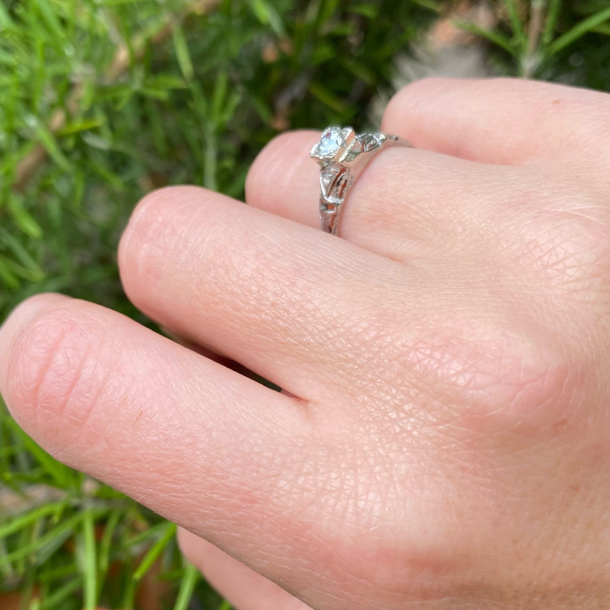 Engraved White Gold Deco Diamond Engagement Ring