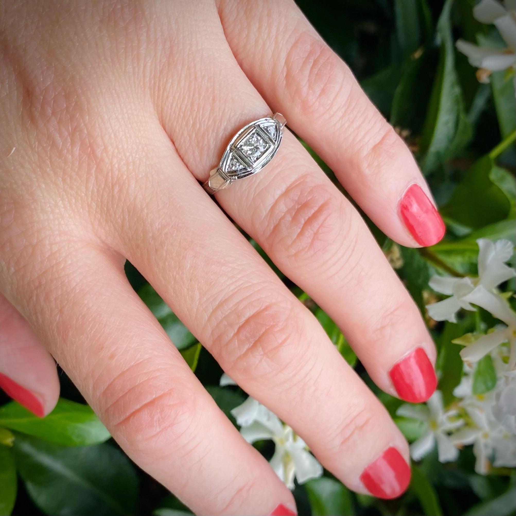 Deco Geometry Engraved Diamond Engagement Ring