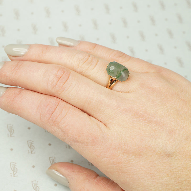 Vintage Rose Gold Moss Agate Ring - Gem Set Love