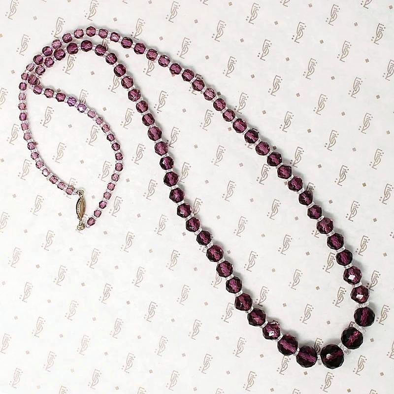 Three strand red purple vintage bead necklace glass lampwork old plastic  and crystal beads box tab insert clasp flea market classic jewelry find