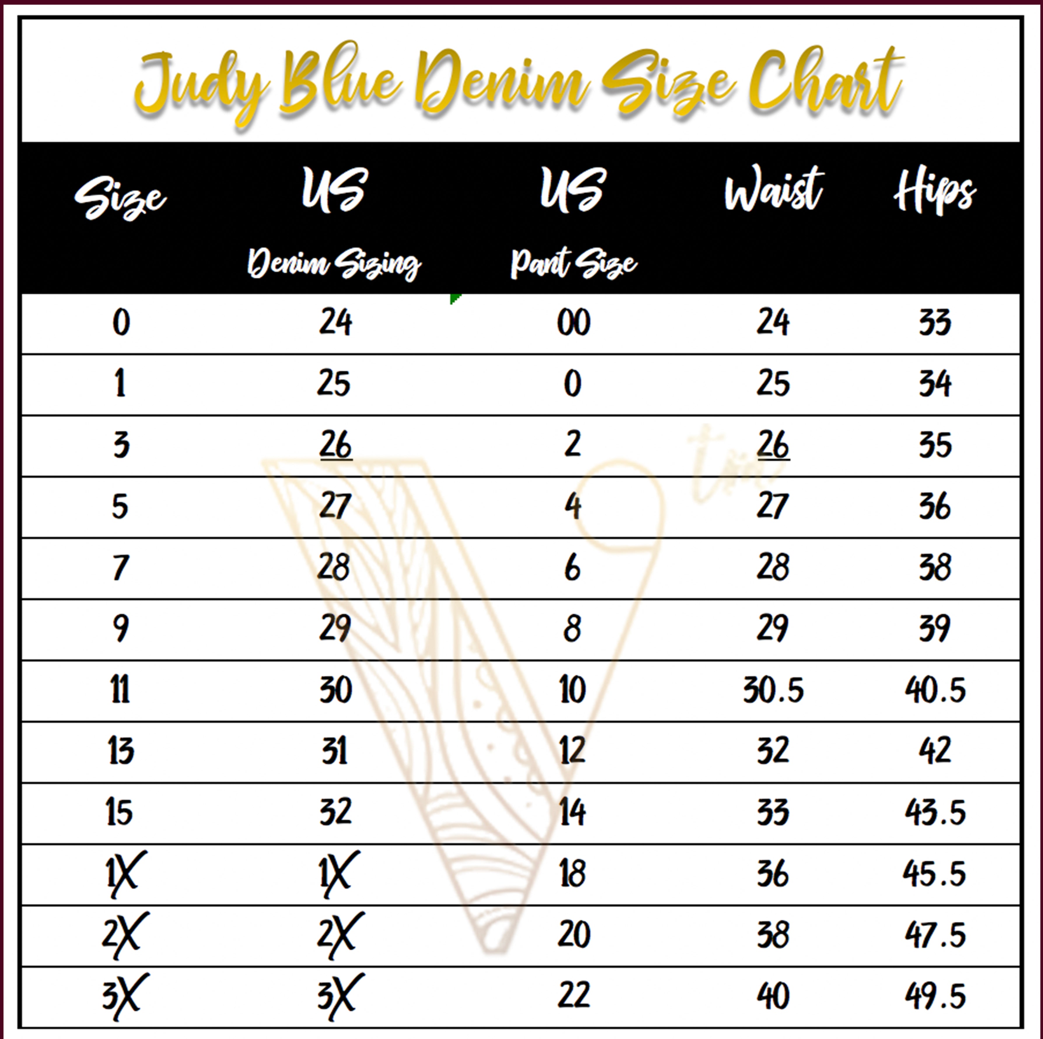 Judy Blues Size Chart