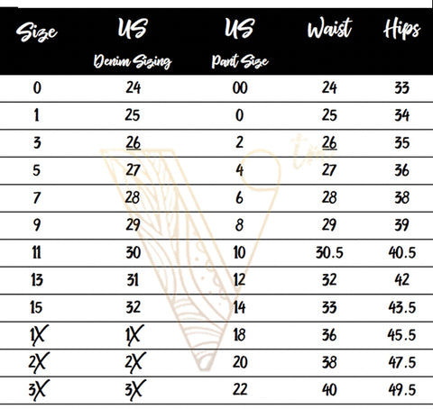 Judy Blue Jeans Size Chart
