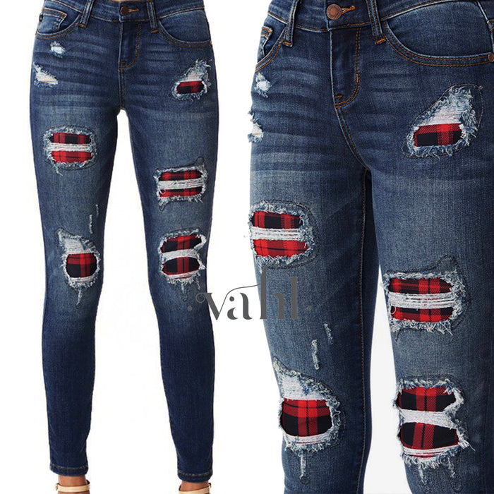 ripped jeans with plaid patches