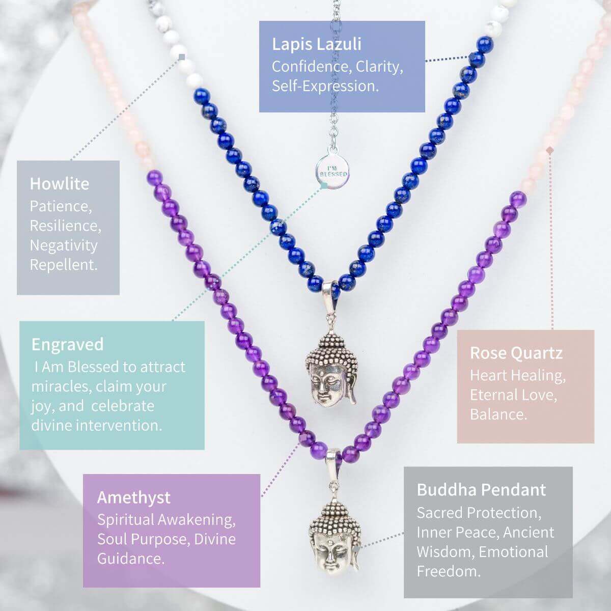 Rose Quartz and Amethyst Crystal Necklace with Buddha Pendant