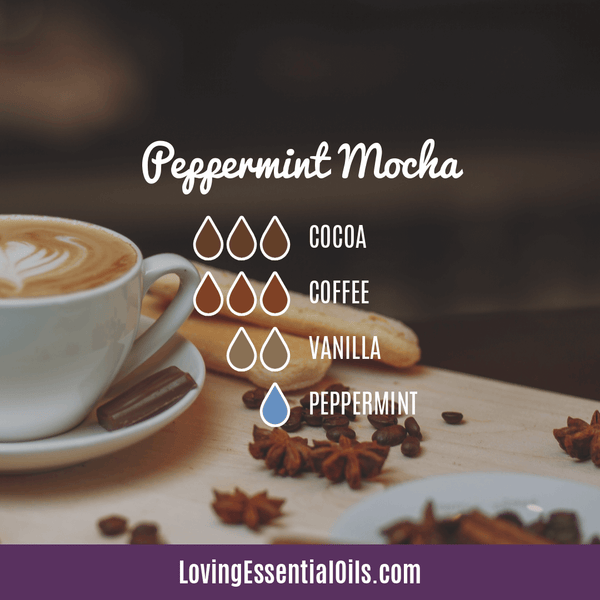 Coffee Essential Oil Diffuser Recipe - Peppermint Mocha by Loving Essential Oils with coffee, cocoa, vanilla, and peppermint