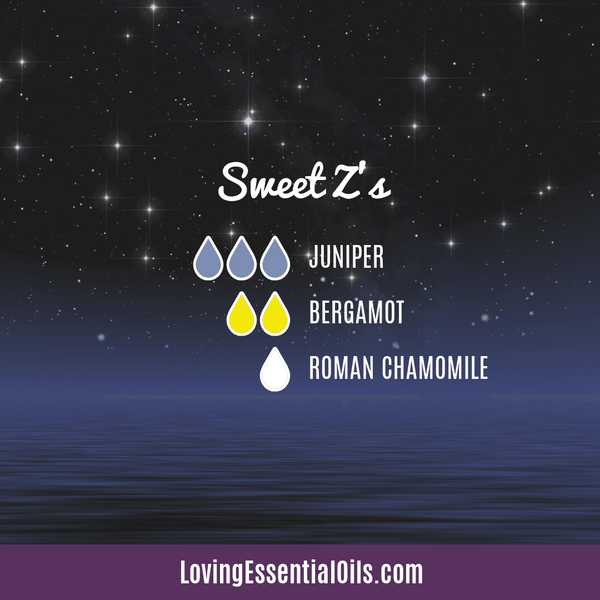Essential Oil Recipes for Sleep Sweet Z's by Loving Essential Oils with juniper berry, bergamot, and roman chamomile